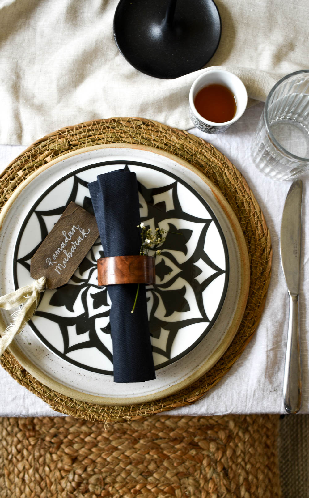 overhead view of place setting on Ramadan tablescape