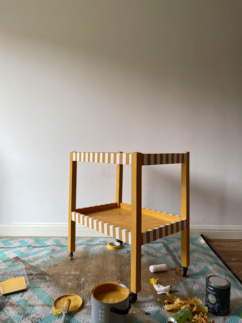 Bar cart painted old gold with white stripes 